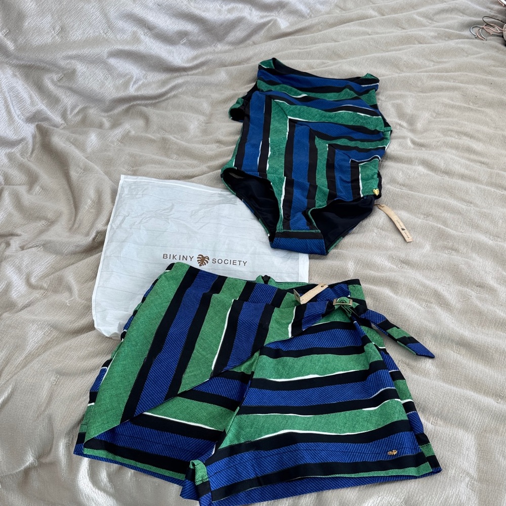 Bikiny Society Striped Swimsuit and Wrap Short Set